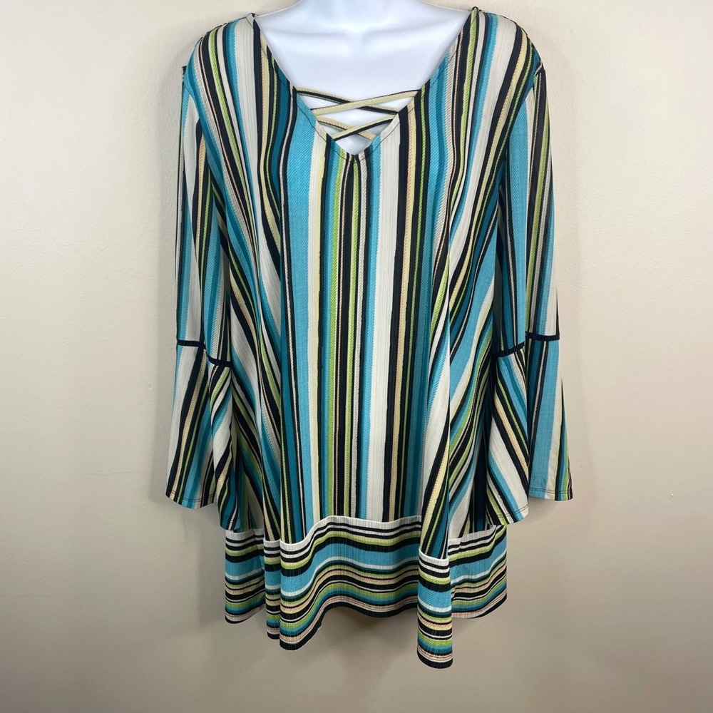 Dana Buchman Retro Boho Top Large Colorful Hippie Bell Sleeve Tunic Casual